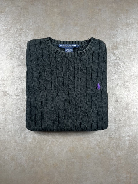 Pull Torsadé Ralph Lauren col rond Noir Logo Brodé Violet Taille M