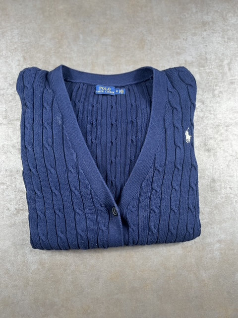 Cardigans Torsadé Ralph Lauren Bleu Logo brodé Blanc Taille M