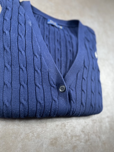 Cardigans Torsadé Ralph Lauren Bleu Logo brodé Blanc Taille M