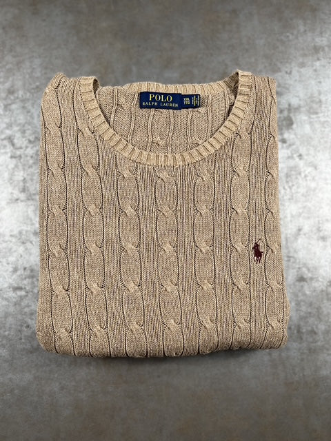 Pull torsadé Ralph Lauren col rond beige Logo brodé rouge Taille XXL